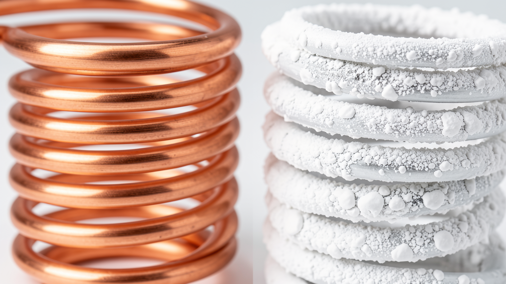 Side-by-side comparison of clean and calcium-scaled tankless heat exchanger coils from hard water