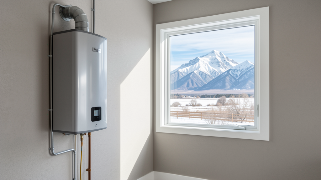 Modern tankless water heater installed in a clean, finished utility wall of a contemporary Utah home