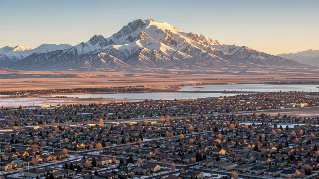 Suburban Utah County valley with mountain foothills under clear winter sky